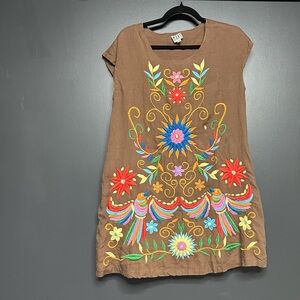 Sister Mary Barbara Embroidered Linen Dress Brown XS